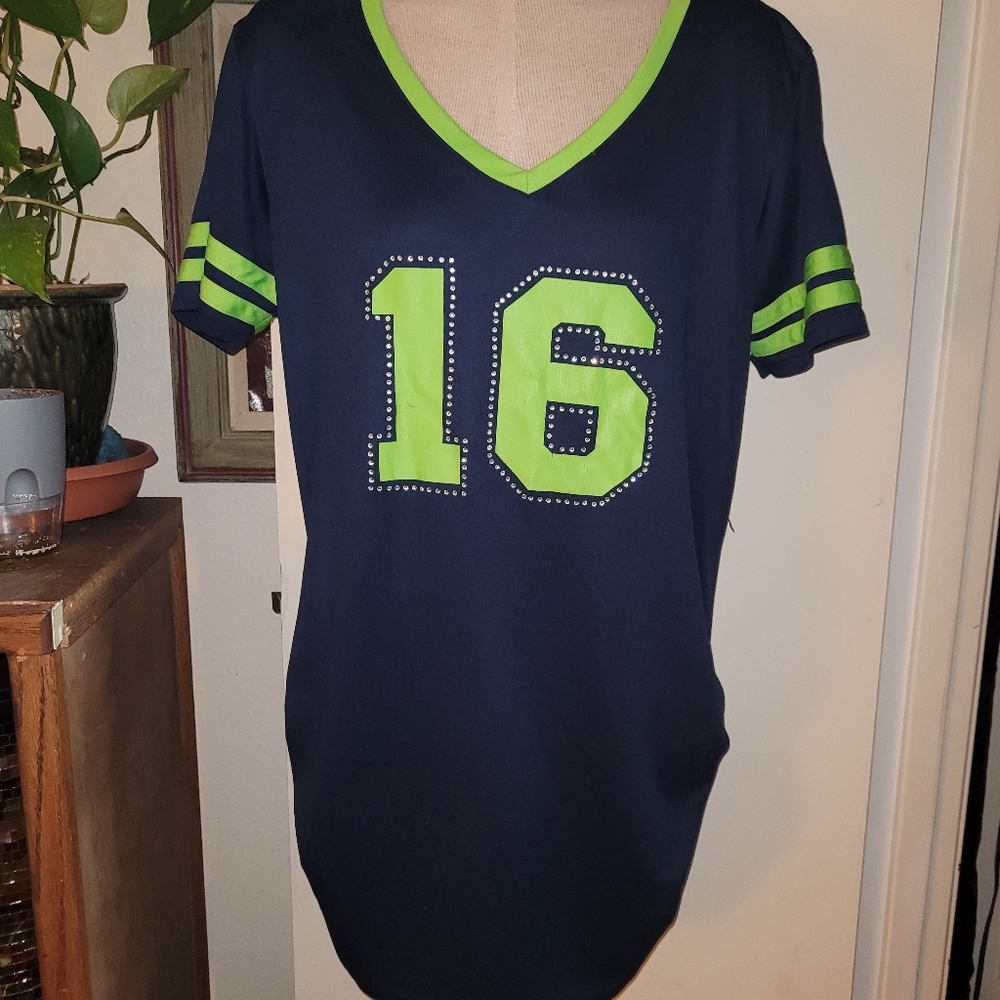 Seahawks Navy and Green Number 16 V-Neck Jersey Nightshirt